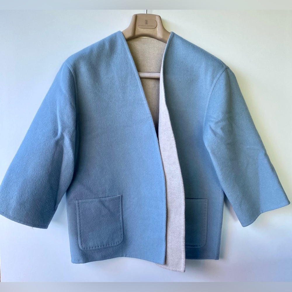 Max Mara Reversible Wool & Angora Short Wrap Coat, Blue & Gray, size It 42, US 6 - Picture 1 of 15